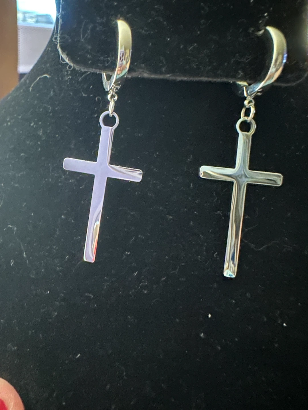 Silver Tone Cross Dangle Hoop Earrings