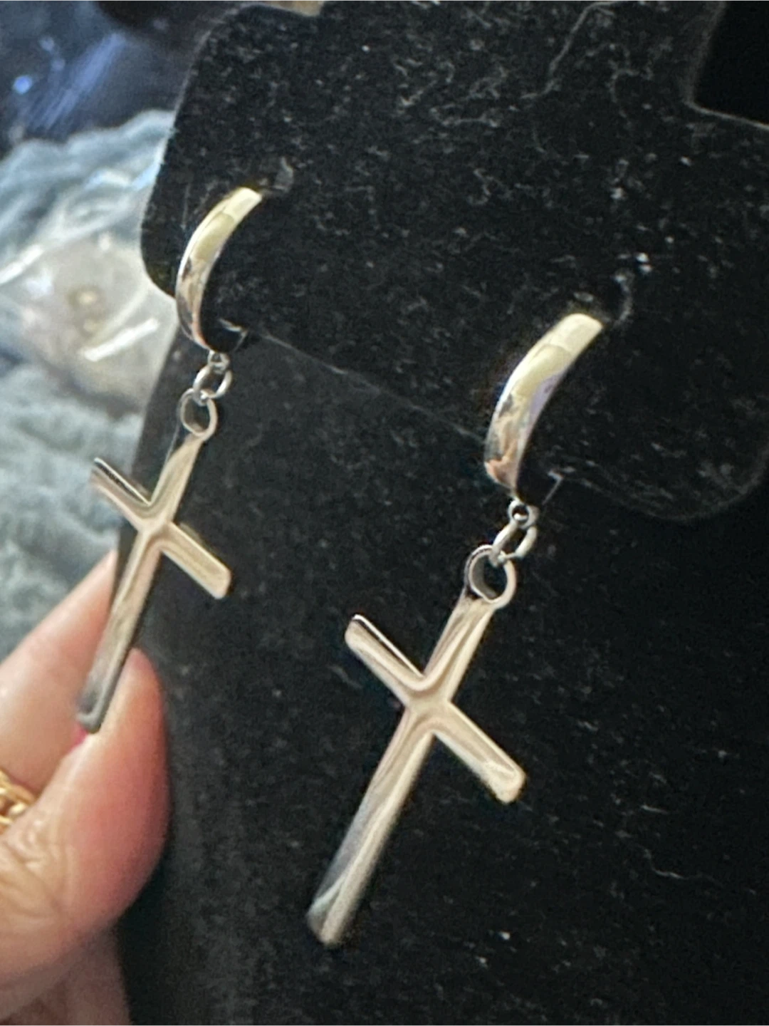 Silver Tone Cross Dangle Hoop Earrings - photo 2