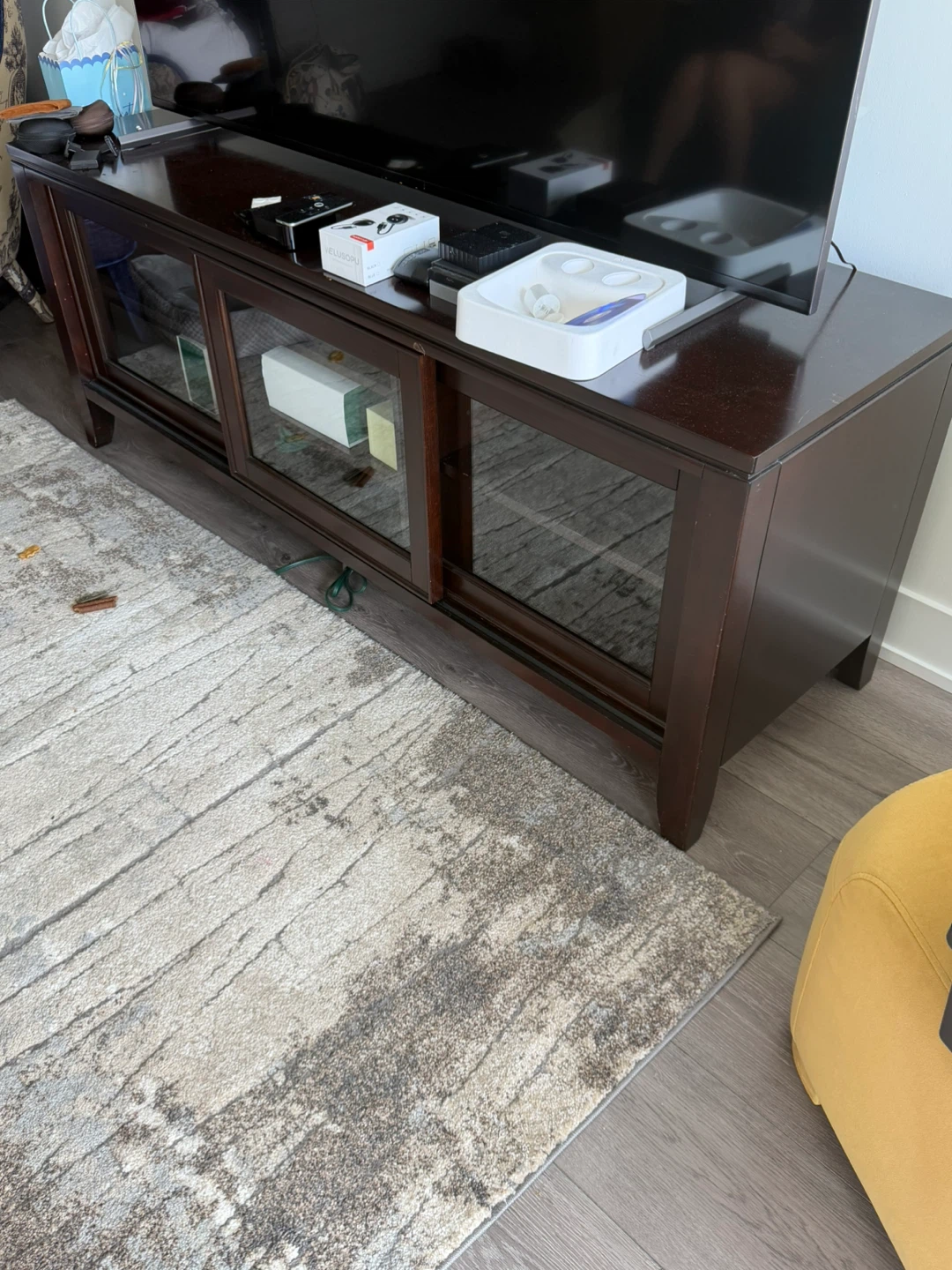 Dark Wood Media Console with Glass Sliding Doors