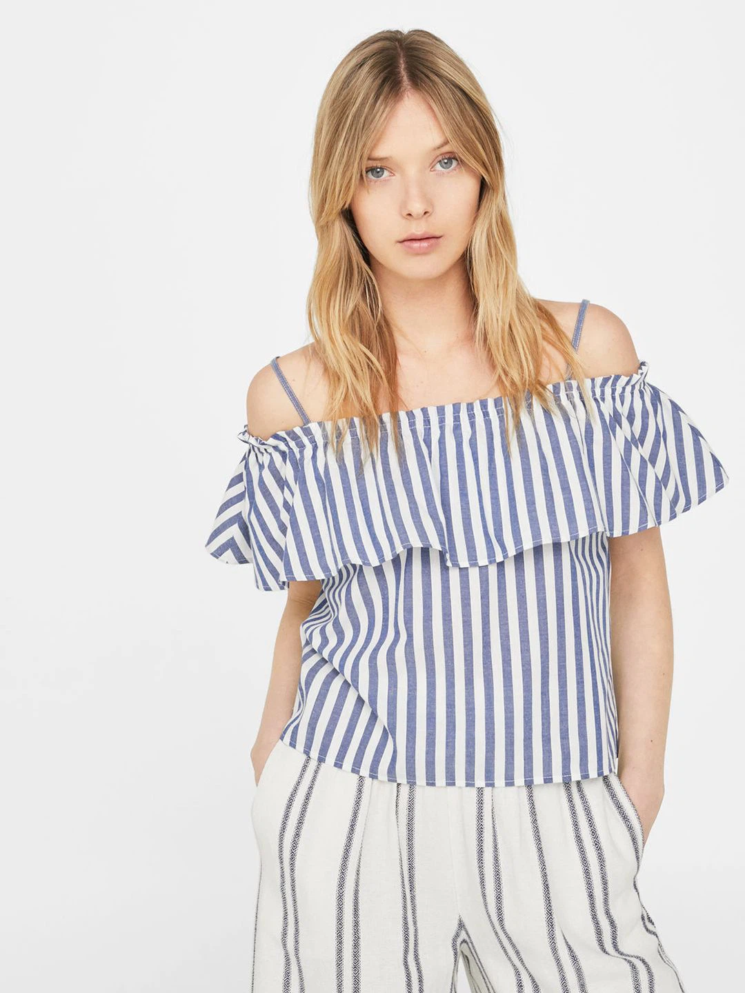 Mango blue and white striped off-shoulder top