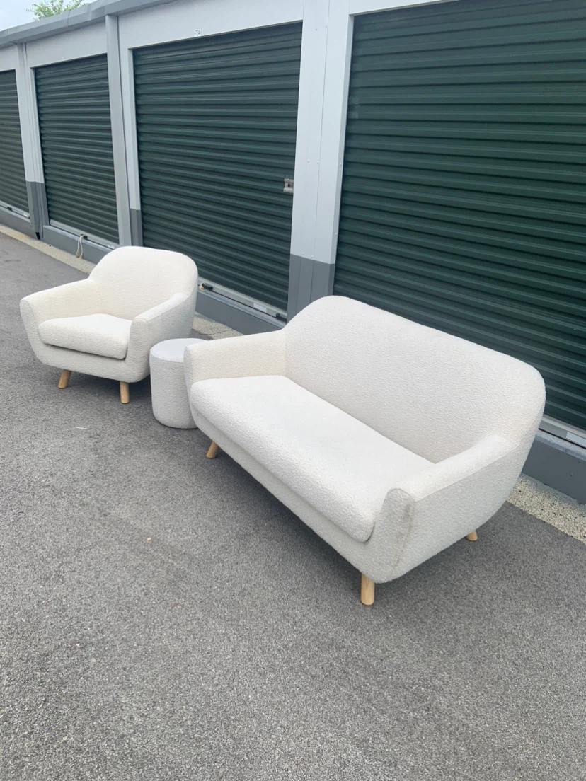 White Boucle Armchair and Loveseat