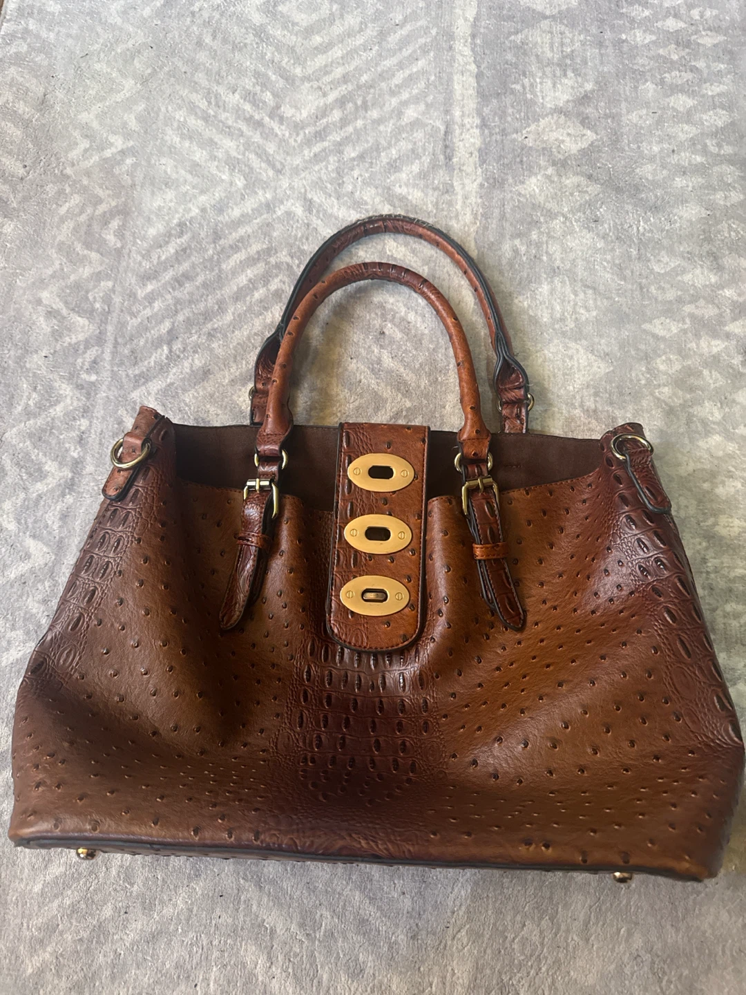 Brown Ostrich & Crocodile Embossed Tote Bag - photo 2