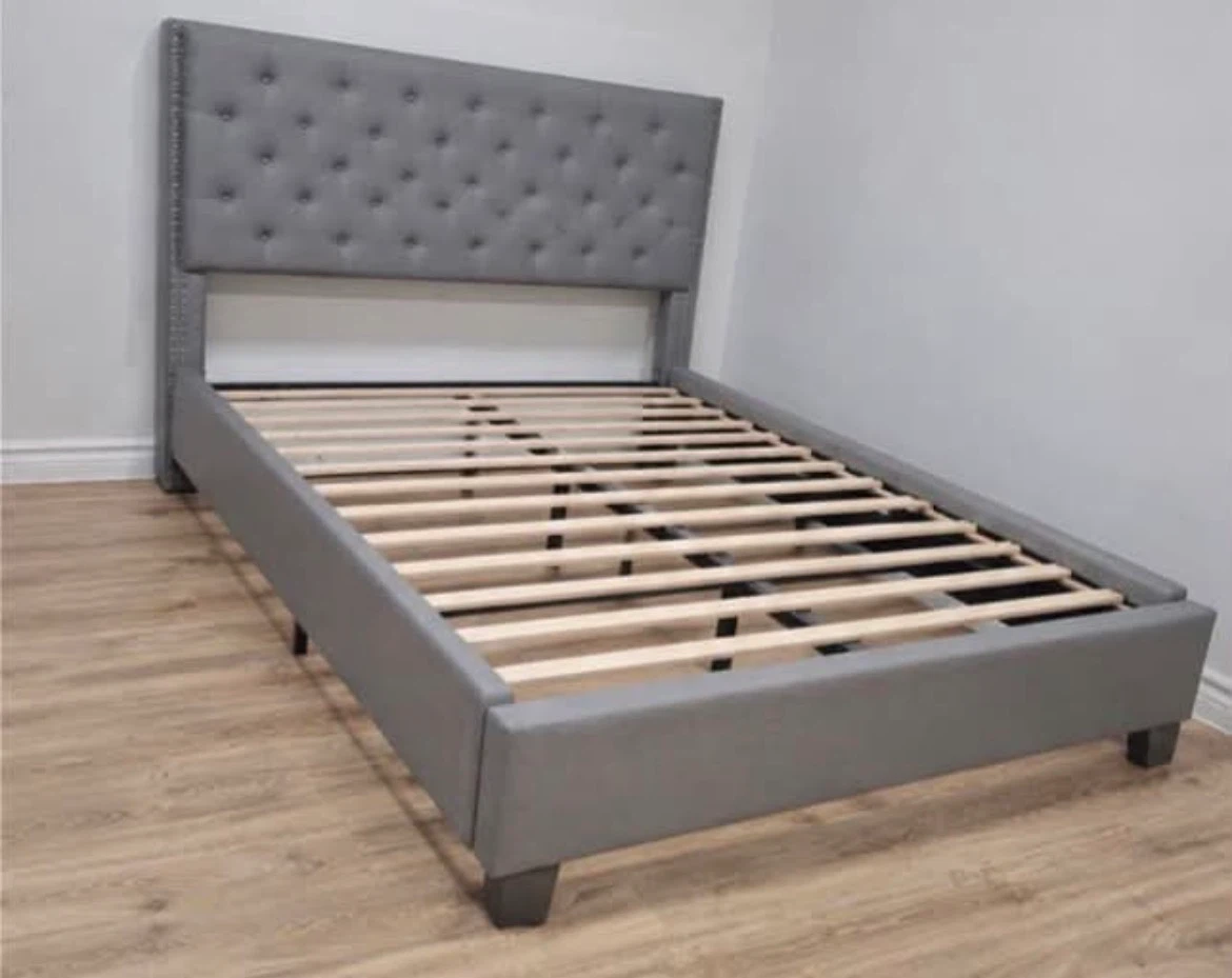 Grey Upholstered Bed Frame with Tufted Headboard