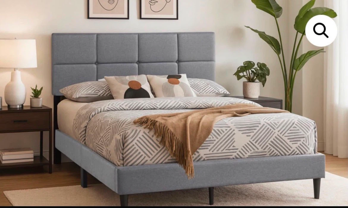 Grey Upholstered Bed Frame with Tufted Headboard - photo 2