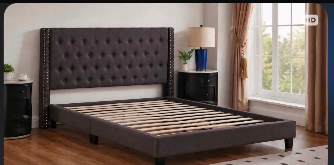 Grey Upholstered Bed Frame with Tufted Headboard - photo 3