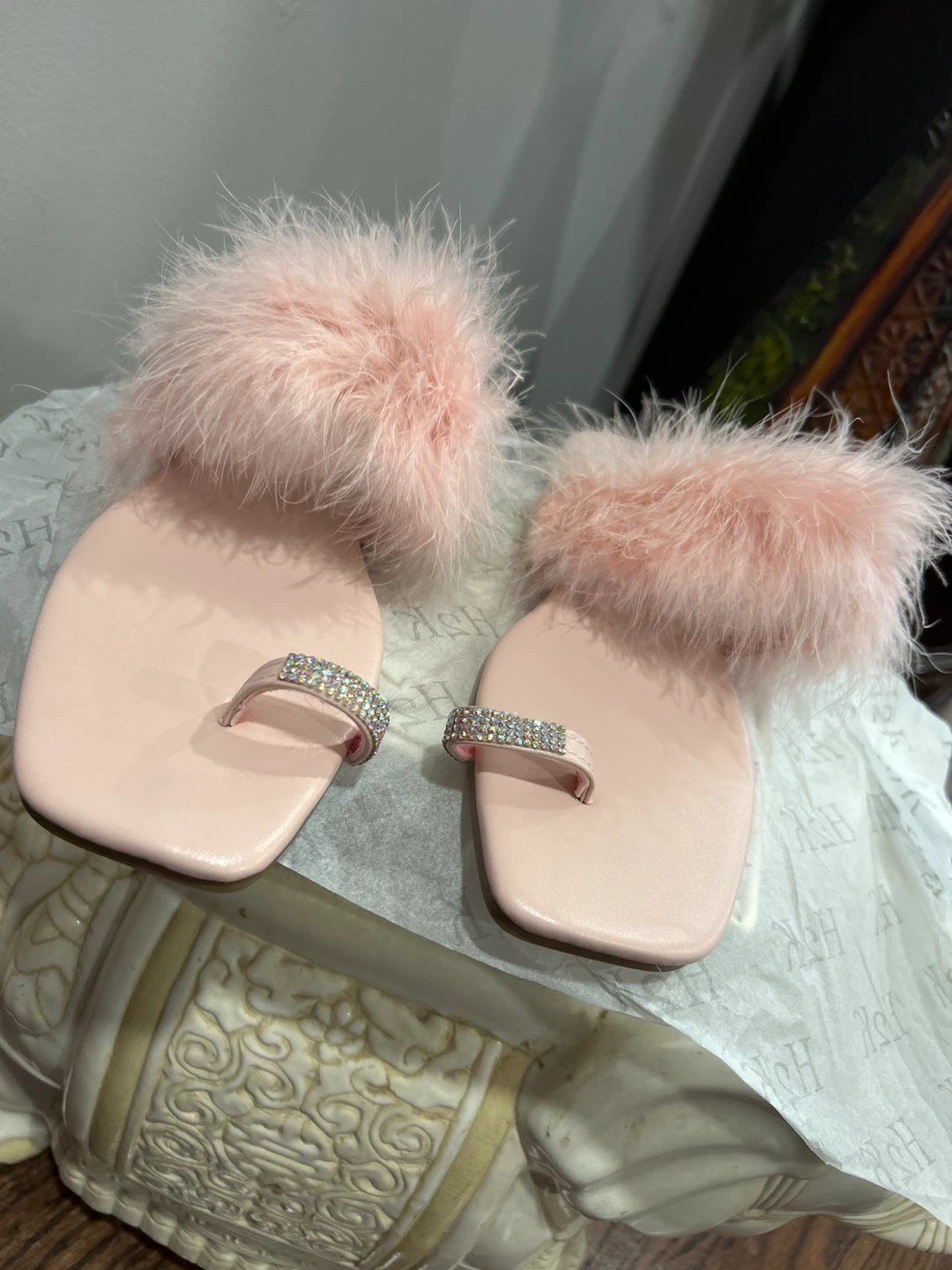 Pink Feather Trim Slide Sandals Size 8