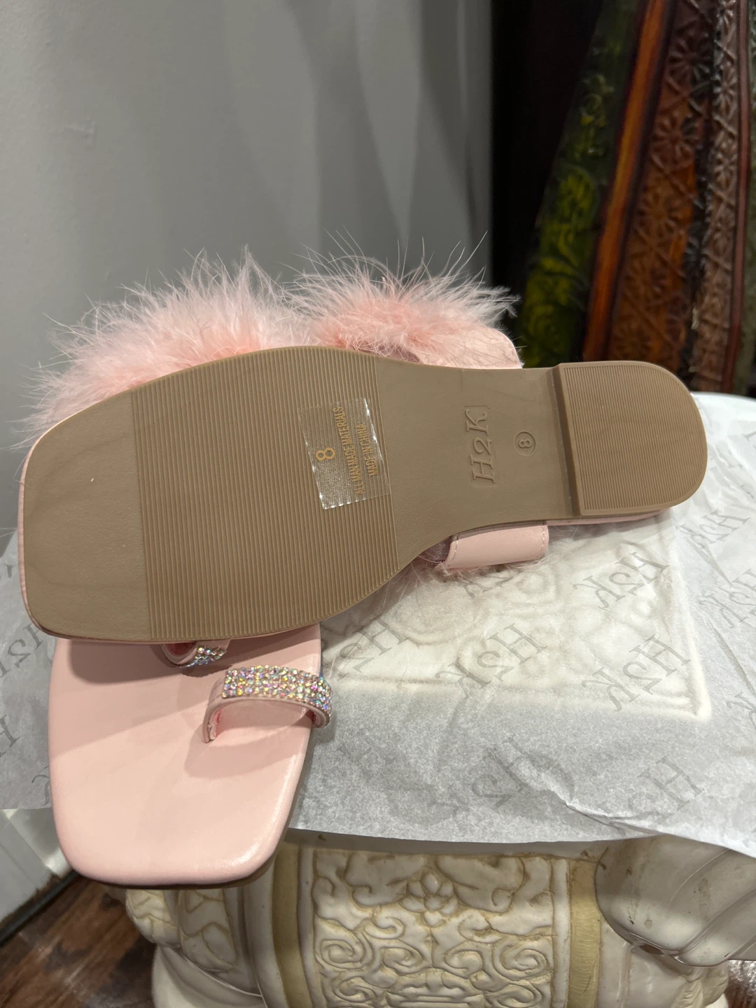 Pink Feather Trim Slide Sandals Size 8 - photo 2