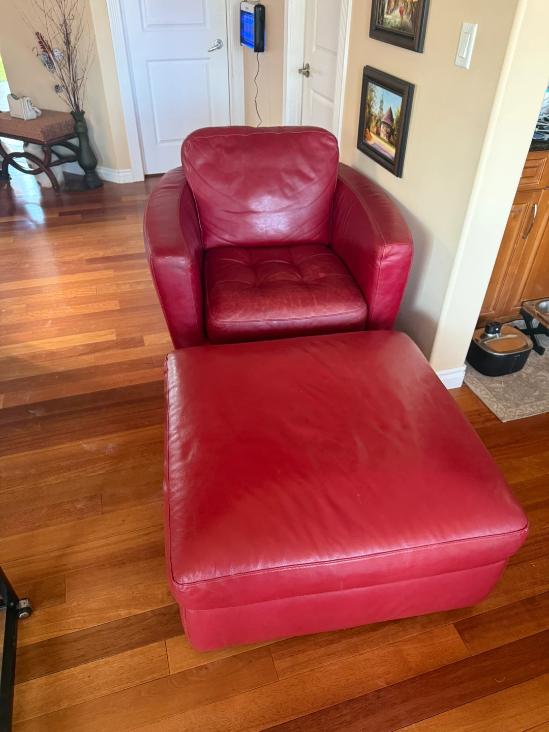 Red Leather Accent Chair and Ottoman Set