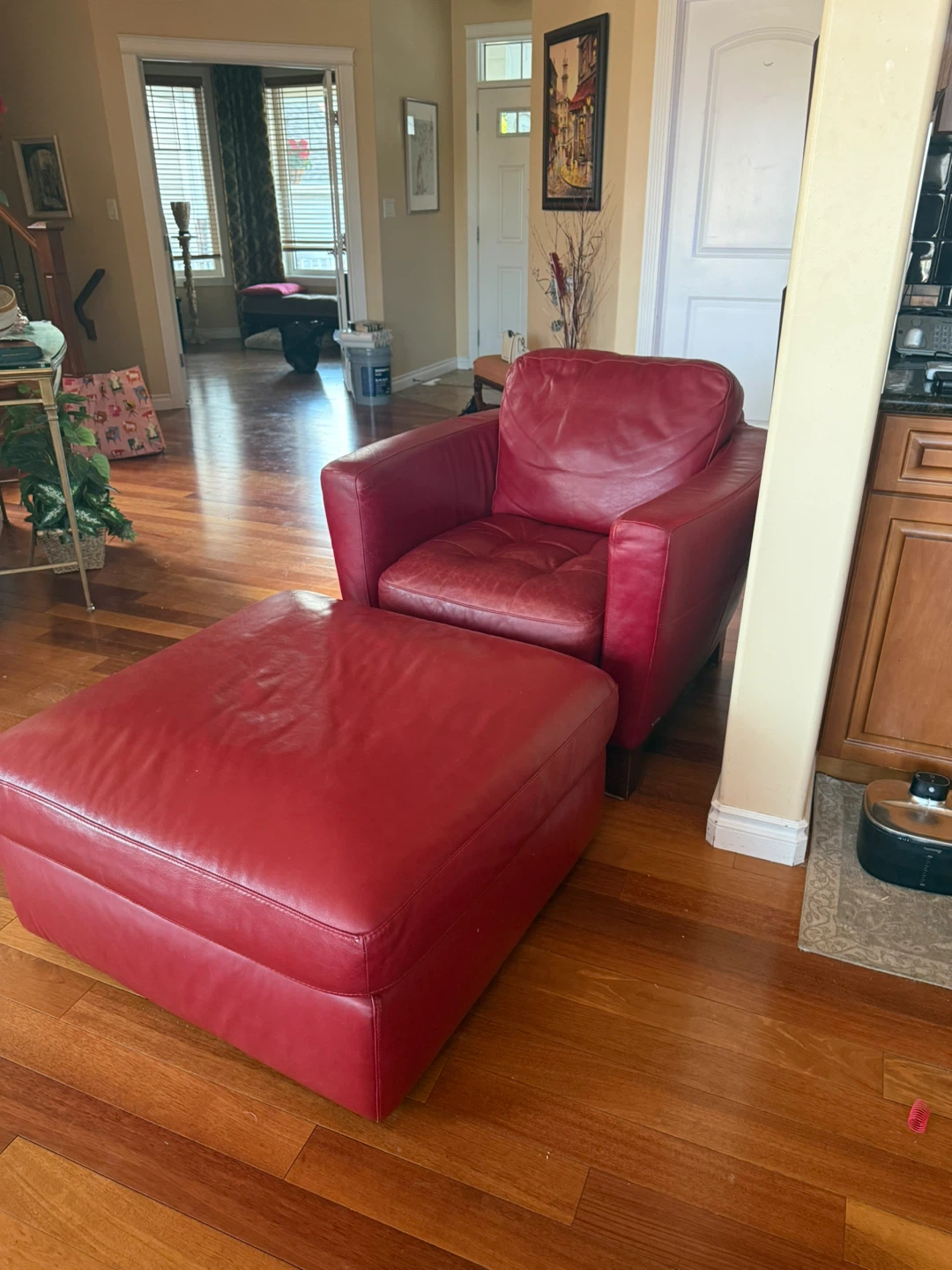 Red Leather Accent Chair and Ottoman Set - photo 2