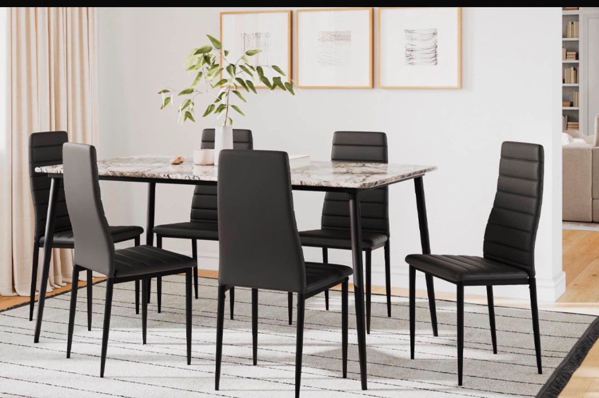 7-piece black dining set with glass top table