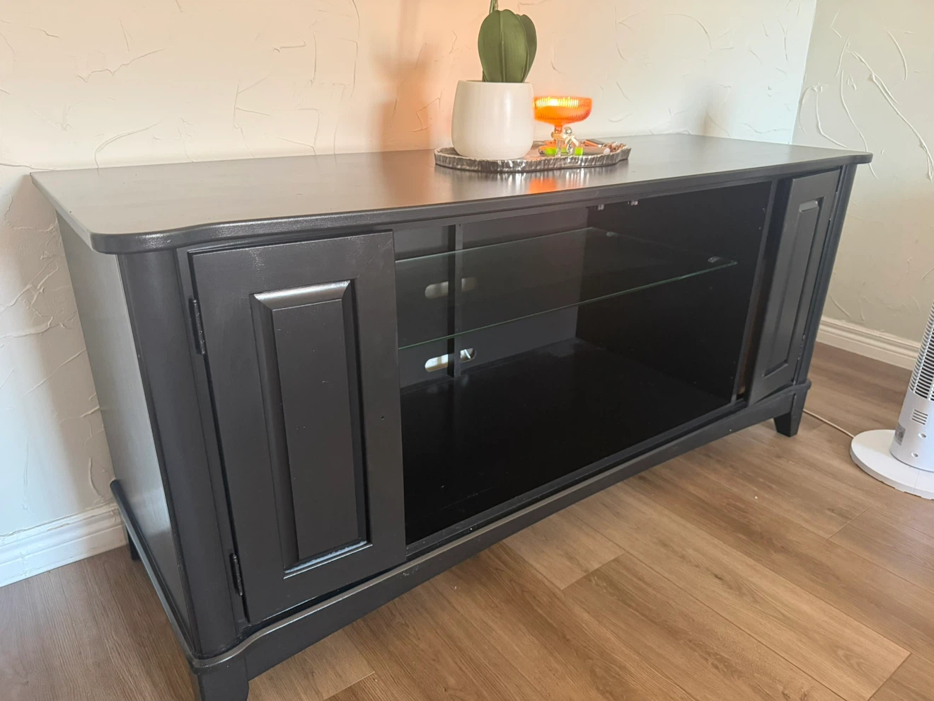 Black TV Stand with Glass Shelves