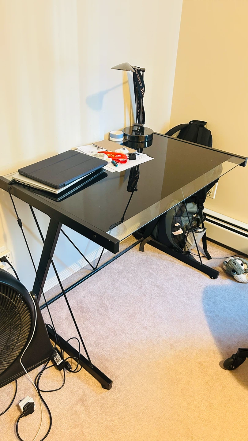 Black glass top desk with metal frame