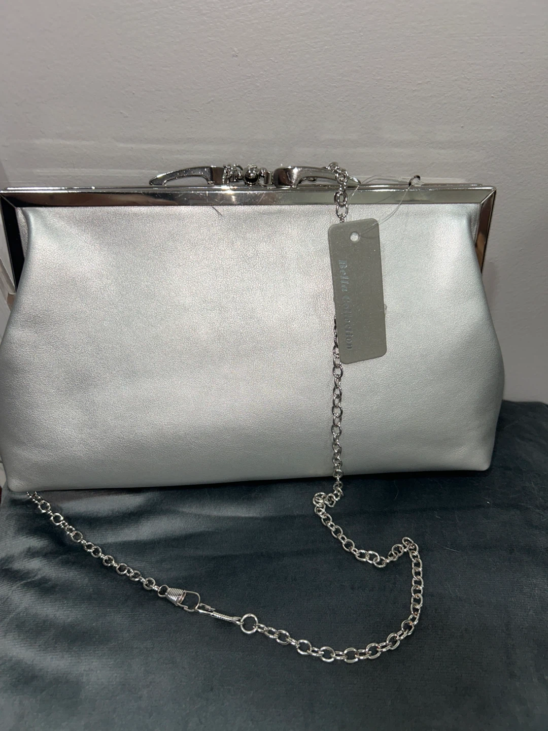 Silver clutch with chain strap
