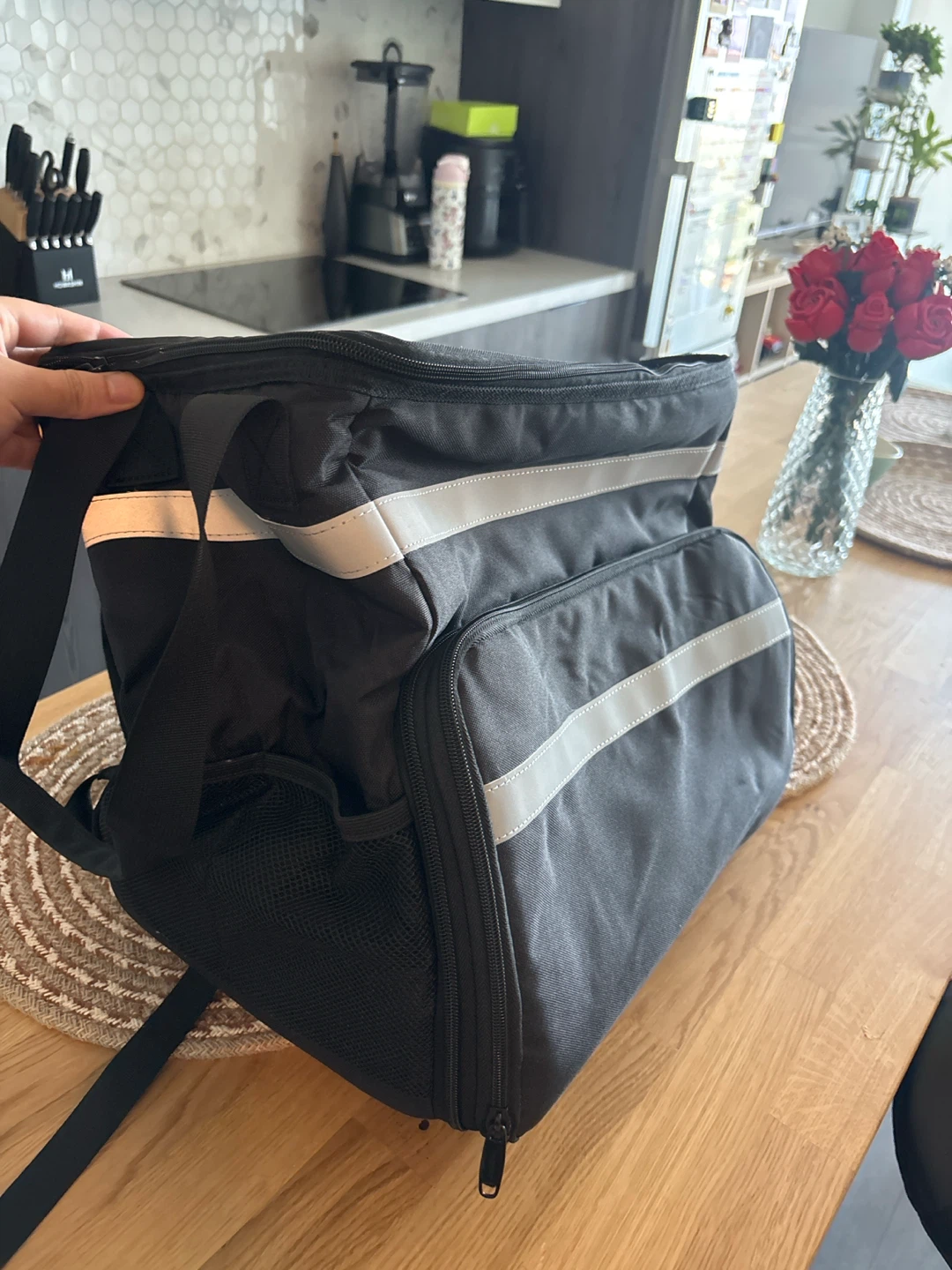 Black Insulated Delivery Bag with Reflective Strips