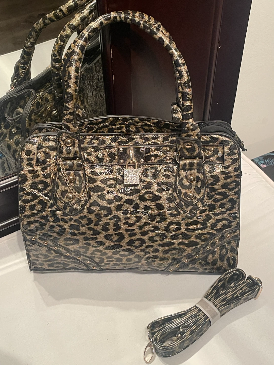 Leopard Print Satchel Handbag with Studs and Lock