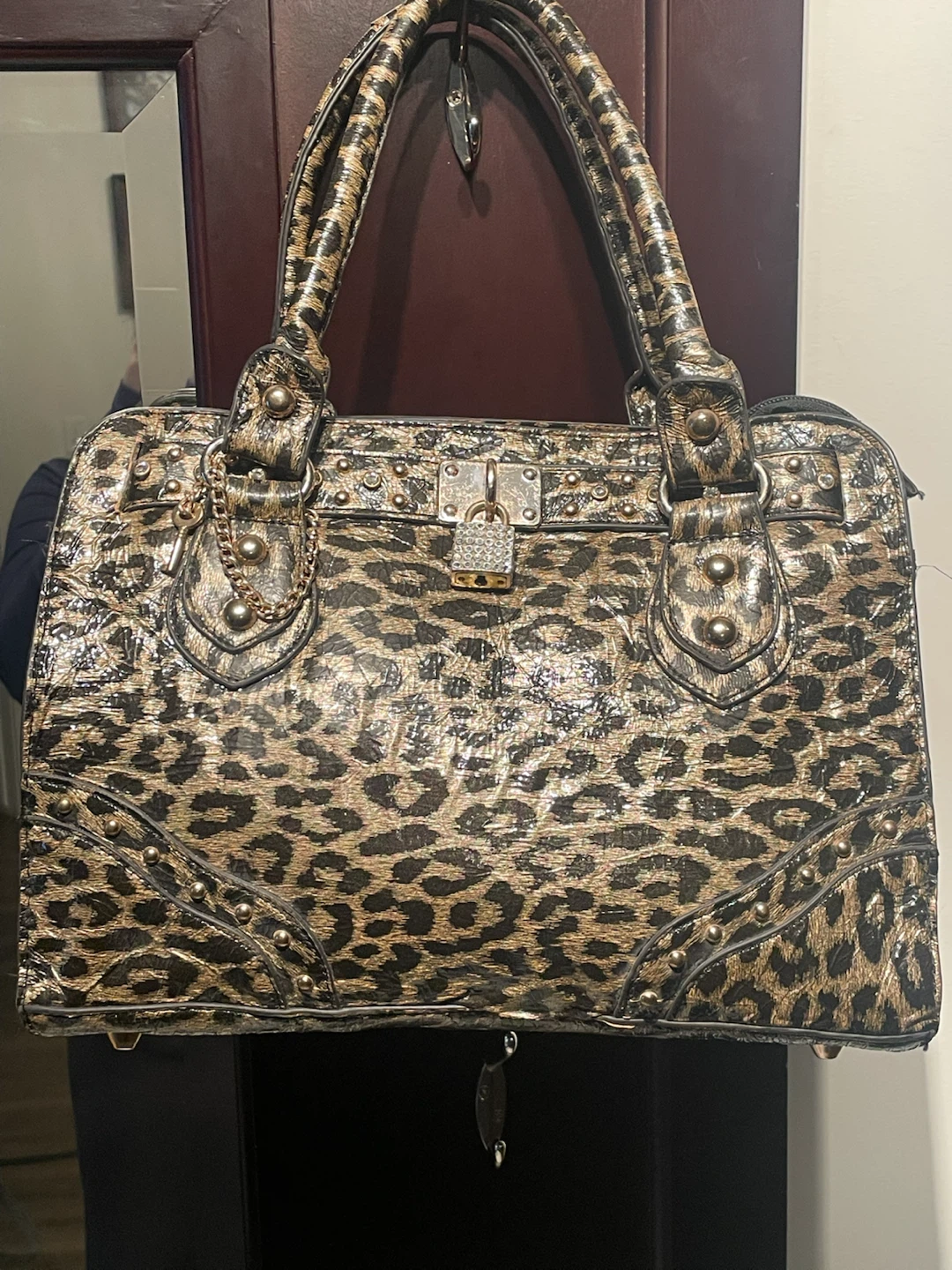Leopard Print Satchel Handbag with Studs and Lock - photo 2