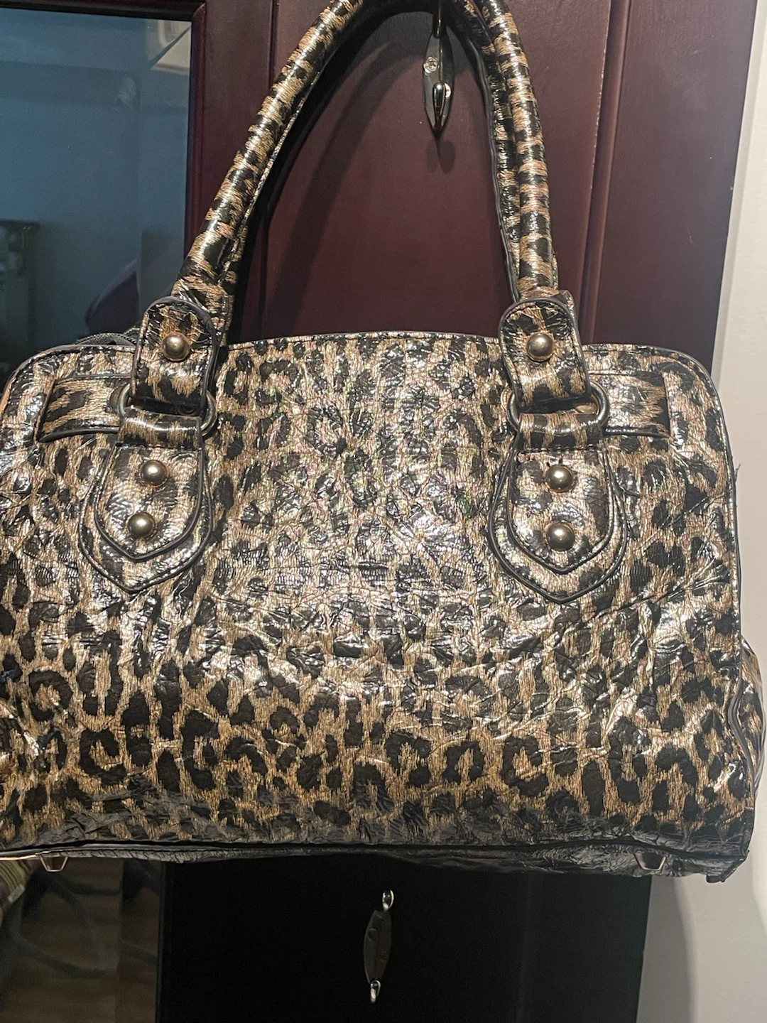 Leopard Print Satchel Handbag with Studs and Lock - photo 3