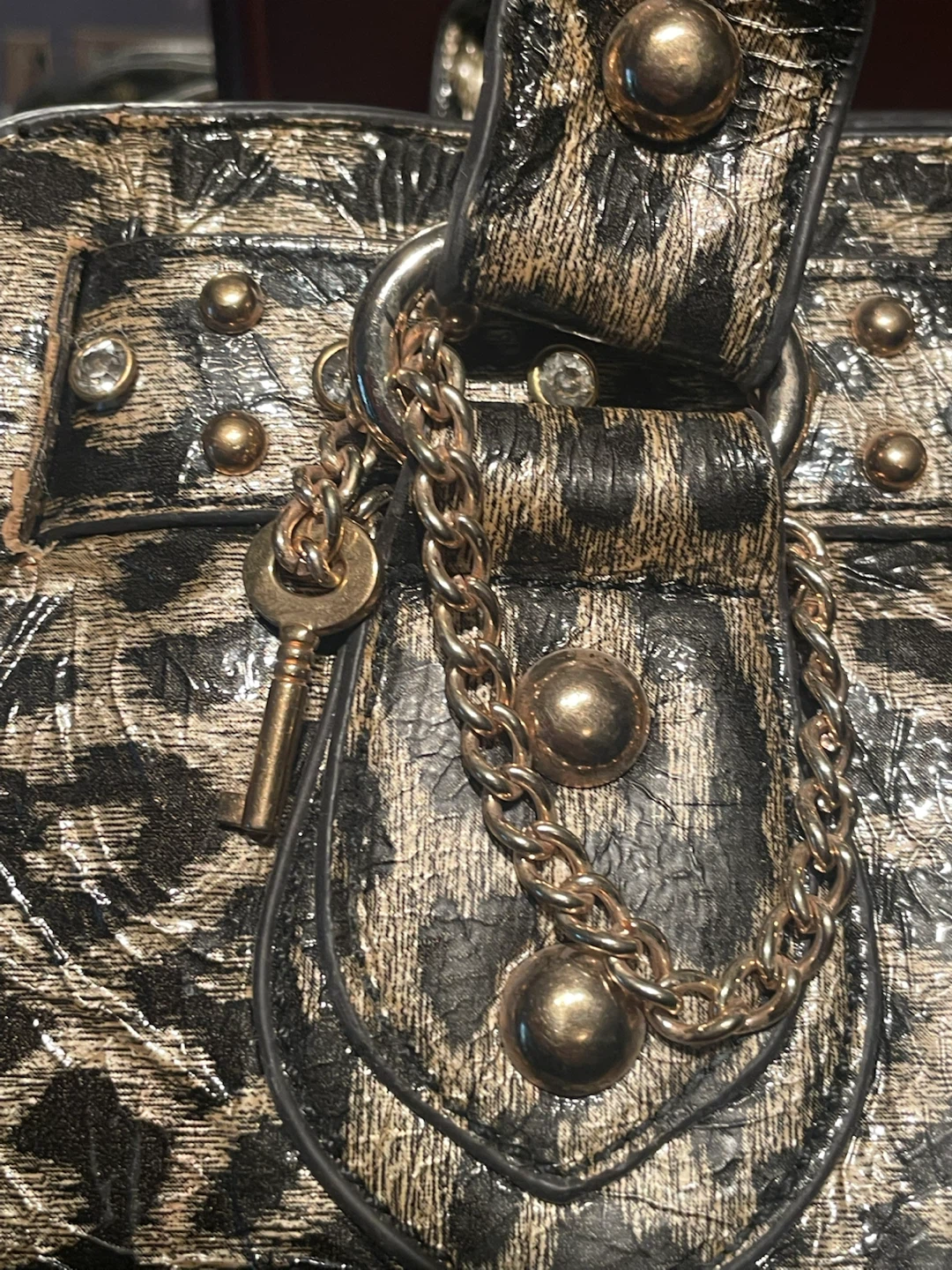 Leopard Print Satchel Handbag with Studs and Lock - photo 5