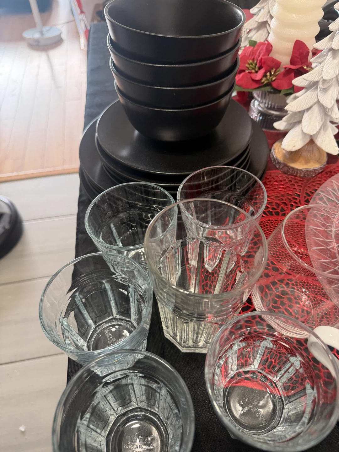 IKEA Set of 6 Black Dinner Plates and Bowls with 6 Clear Glasses