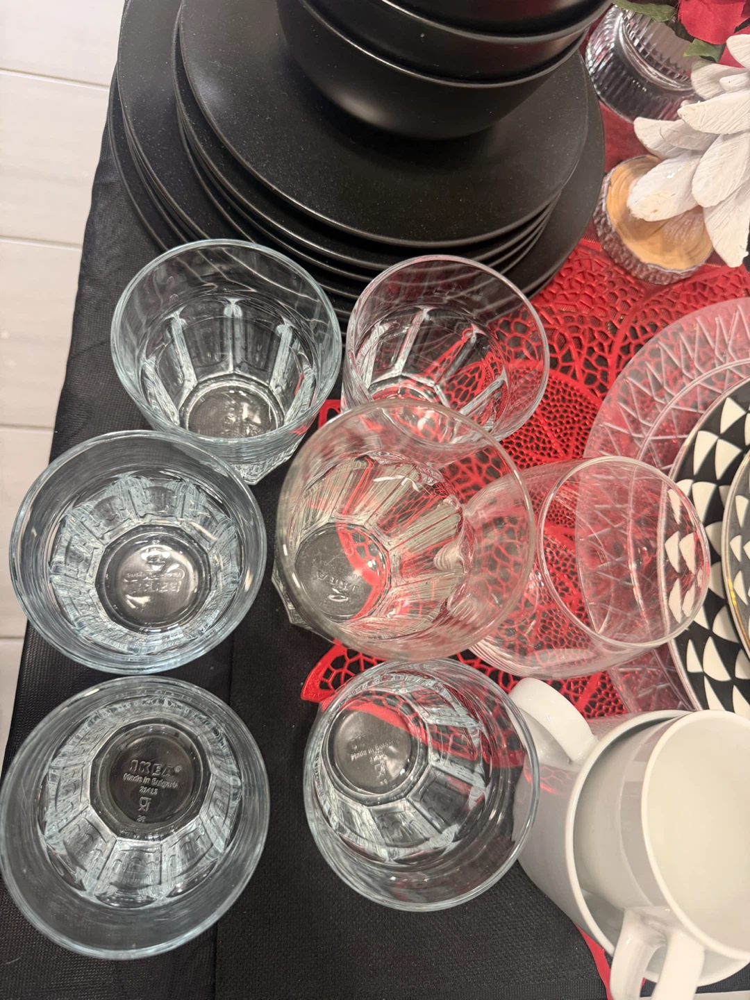 IKEA Set of 6 Black Dinner Plates and Bowls with 6 Clear Glasses - photo 4