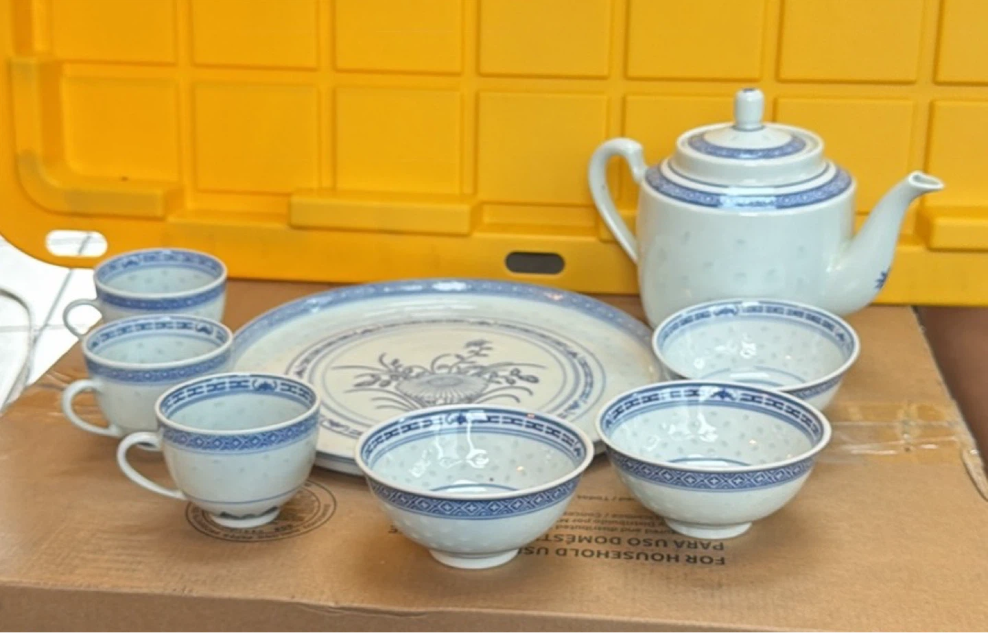 Blue and White Tea Set with Teapot, Cups, Bowls, and Tray