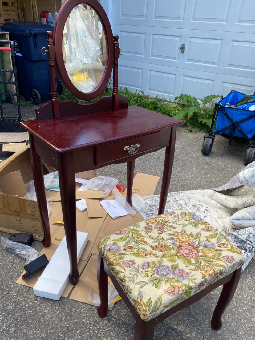 Dark Wood Vanity Table with Oval Mirror and Stool