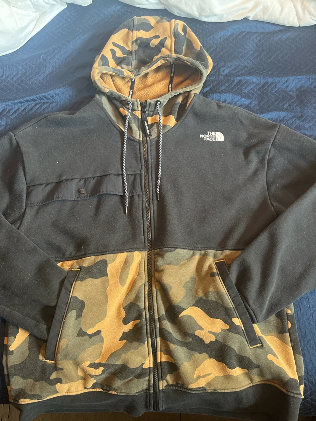 North face camouflage zip up hoodie and north face hat