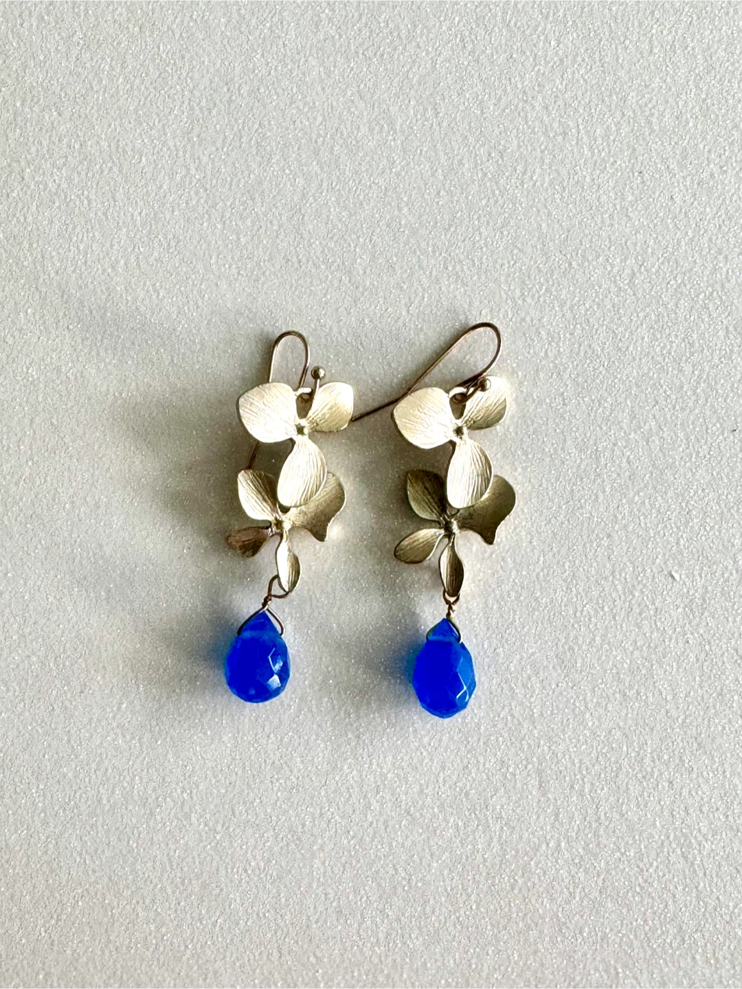 Gold Floral Drop Earrings with Blue Gemstones