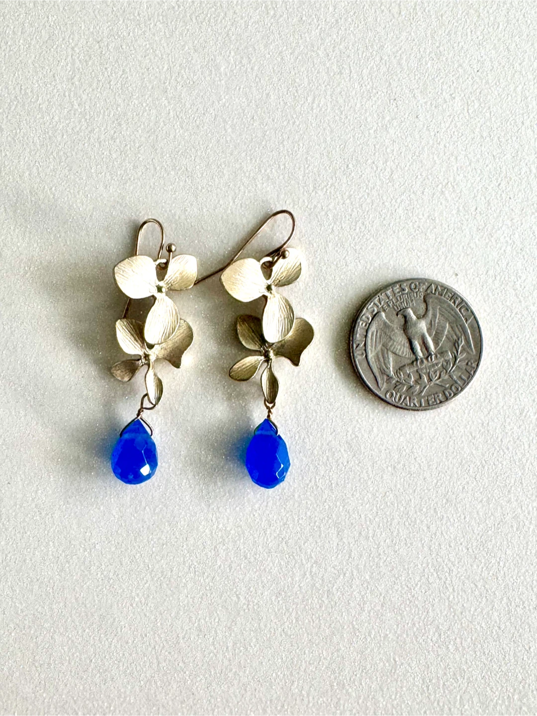 Gold Floral Drop Earrings with Blue Gemstones - photo 2