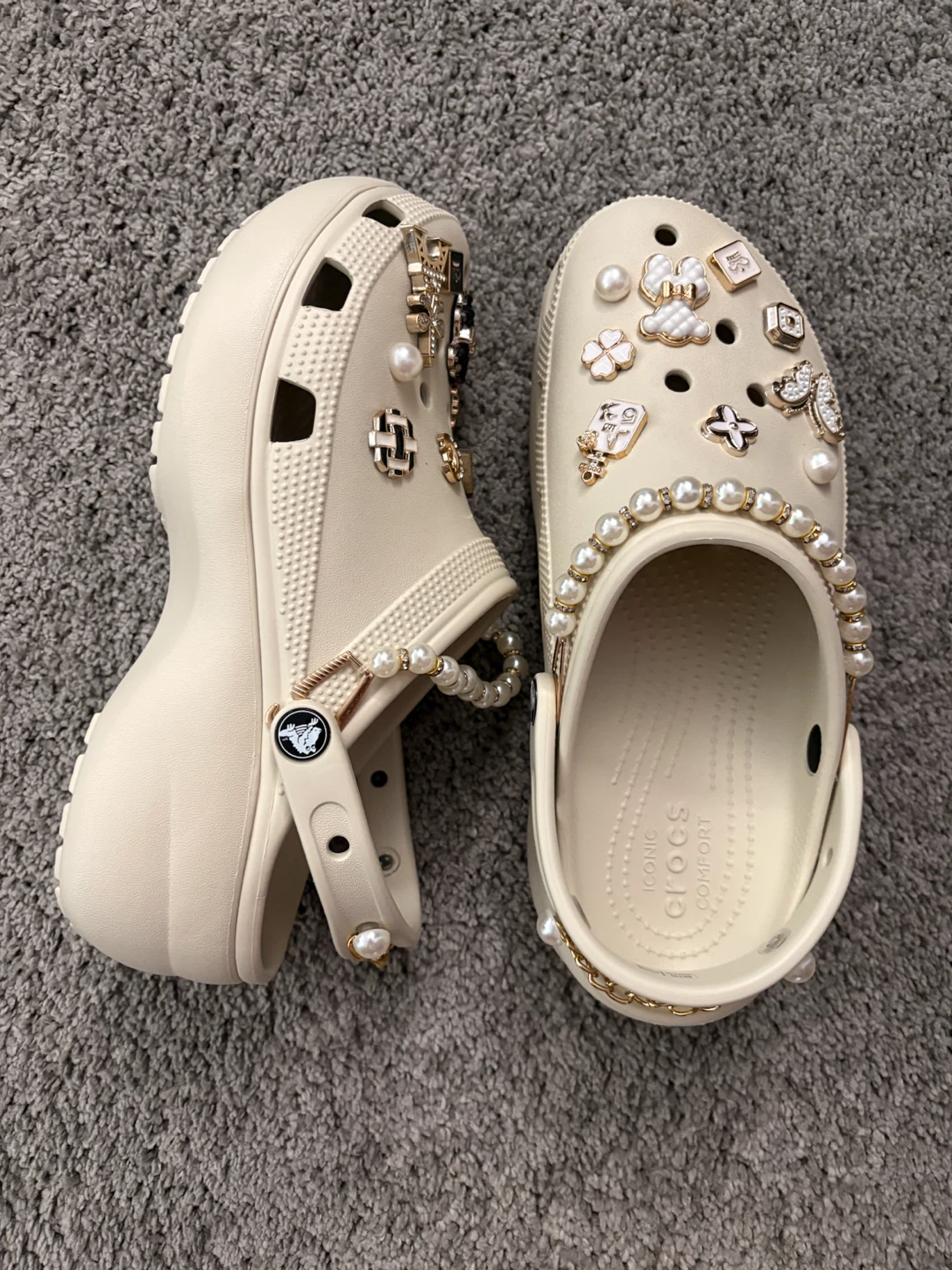 Cream Crocs with Charms and Pearls - Size W 10