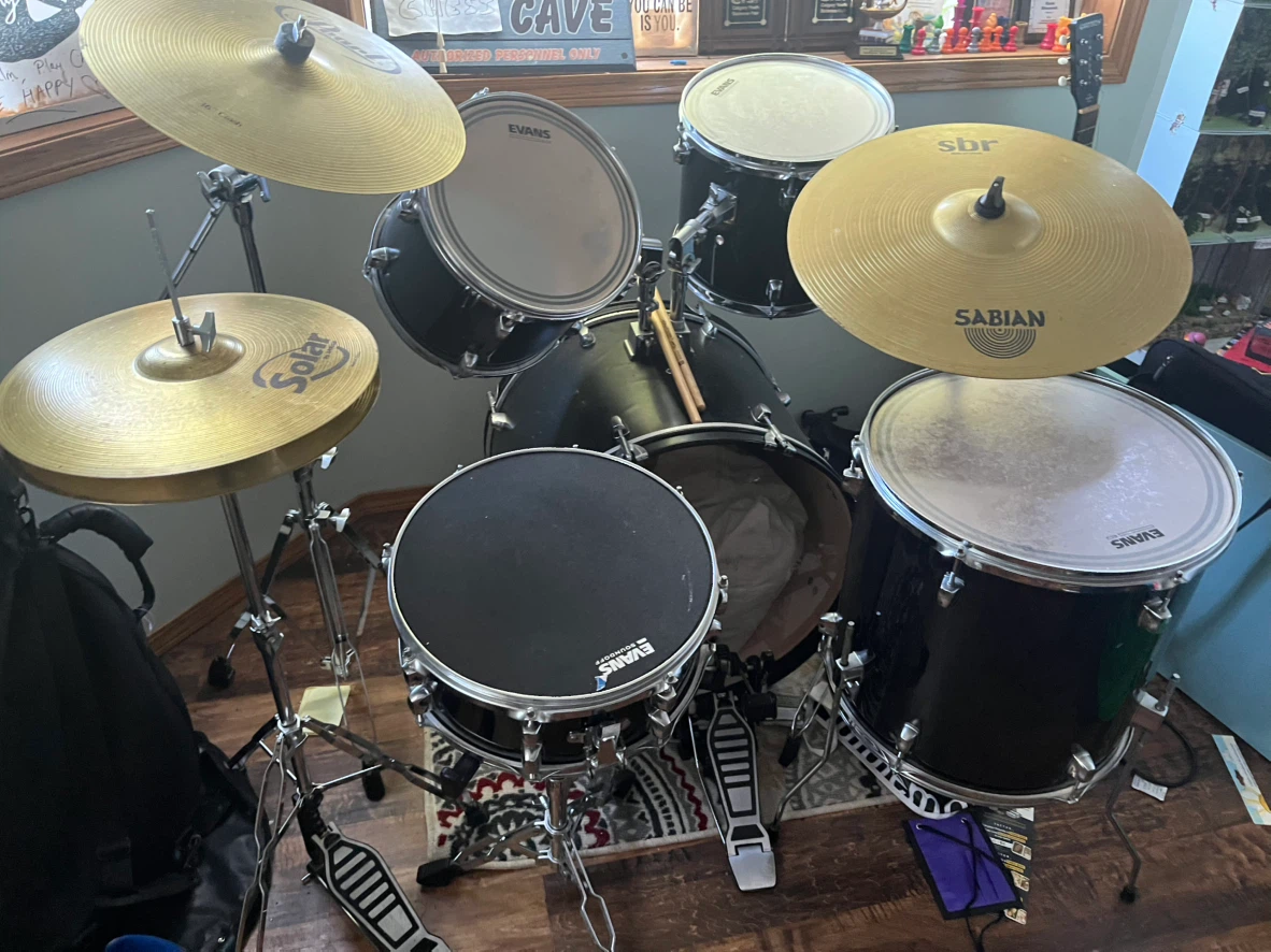 Black 5-Piece Drum Set with Sabian and Solar Cymbals