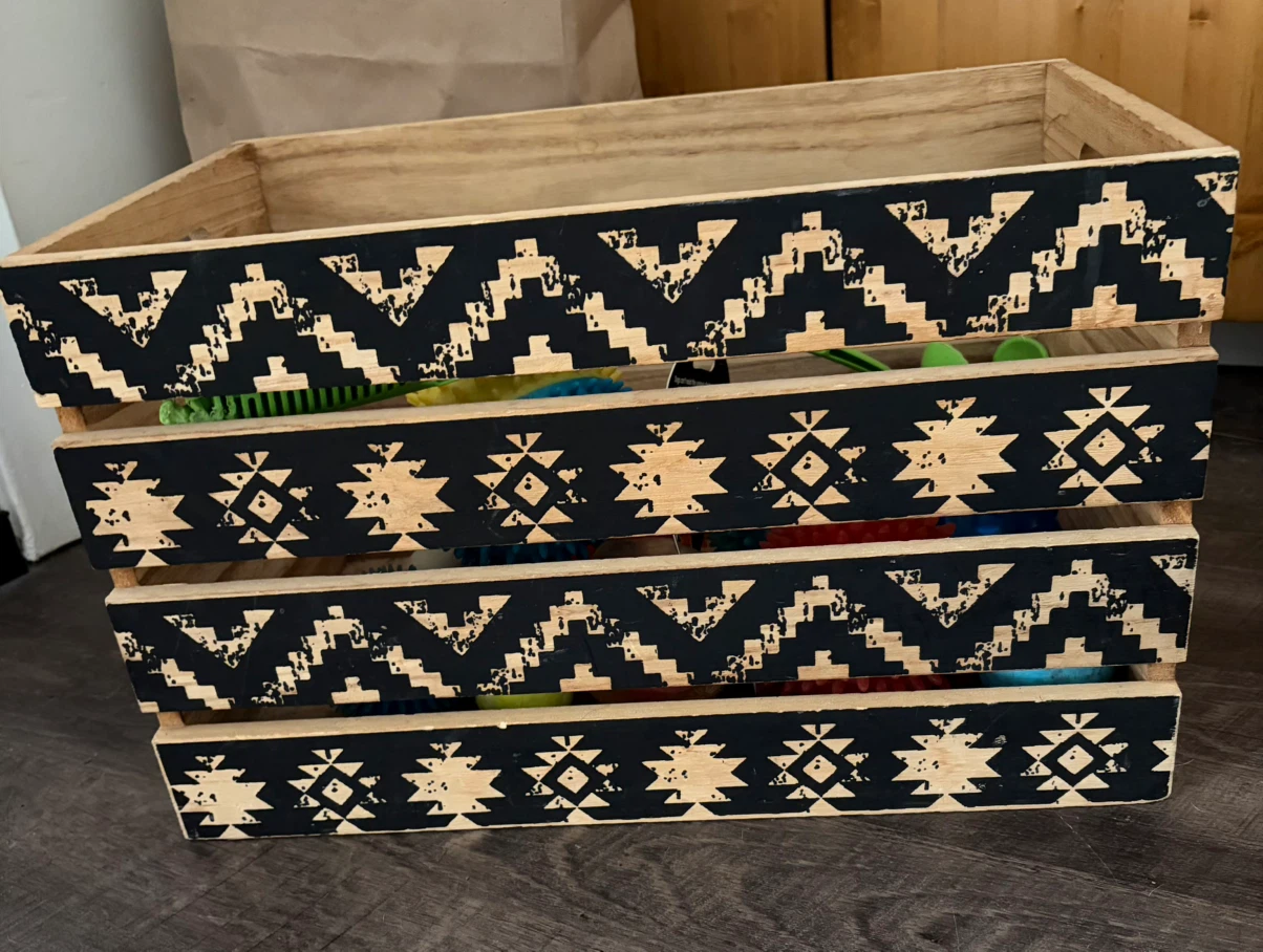 Wooden Crate with Assorted Dog Toys