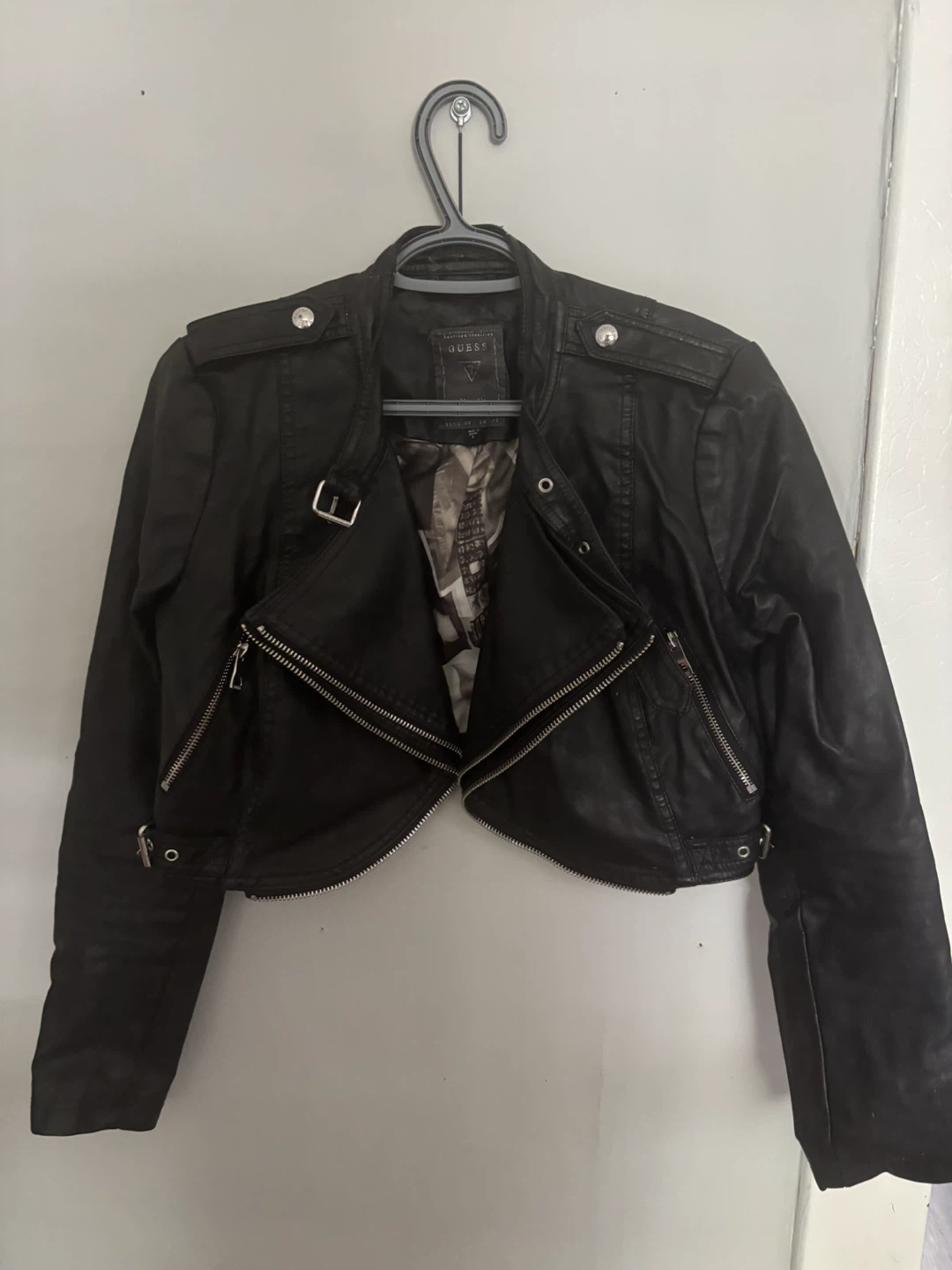 Guess Black Faux Leather Cropped Moto Jacket