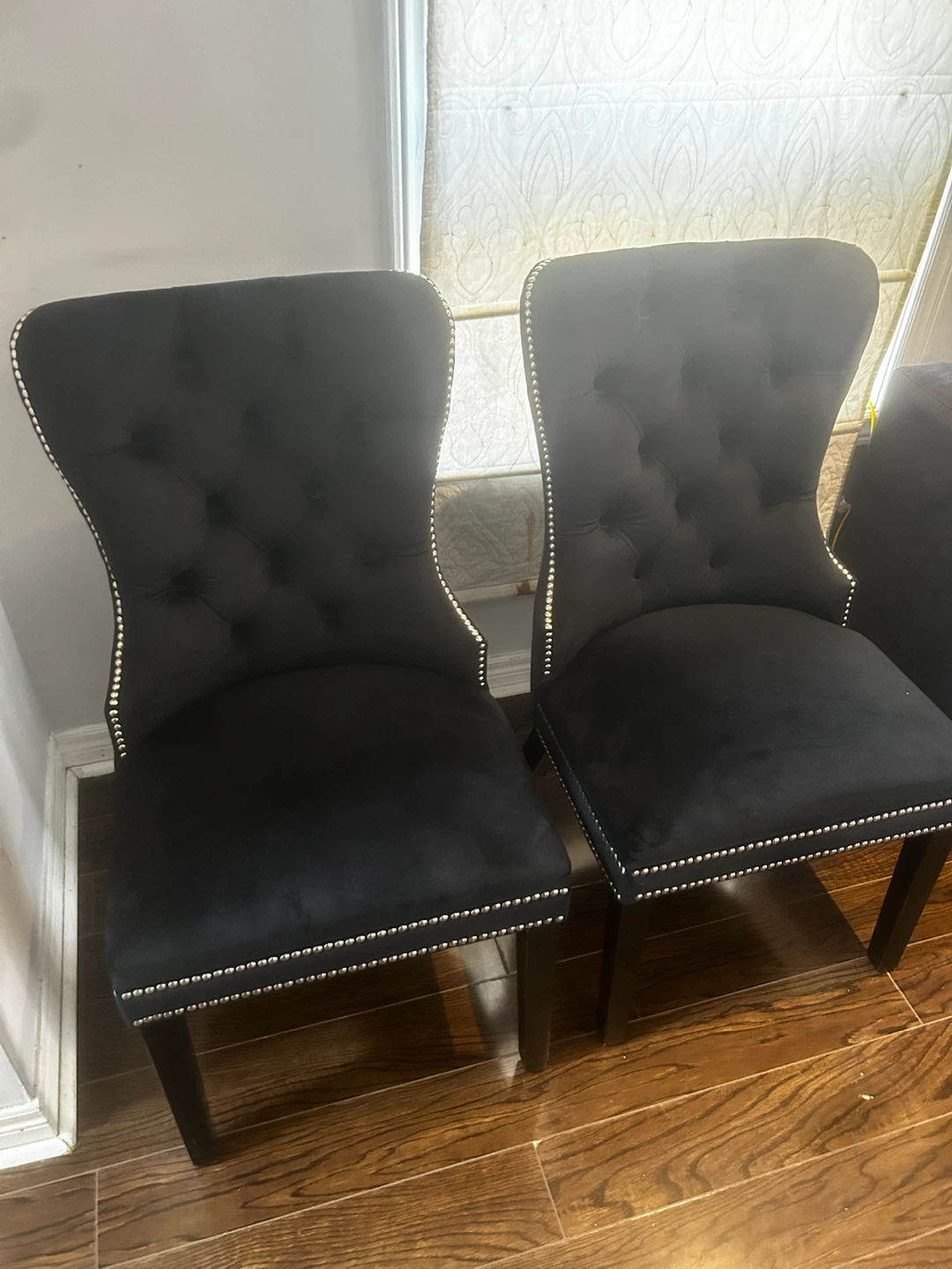 Black Tufted Dining Chairs with Silver Studs