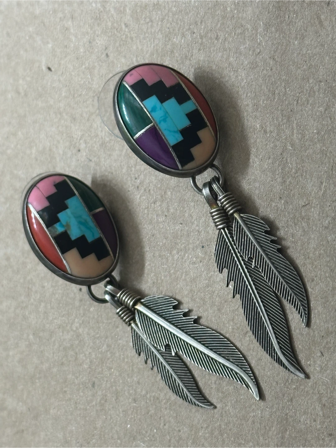 Navajo Zuni  Inlay Multi-Stone Sterling Earrings
