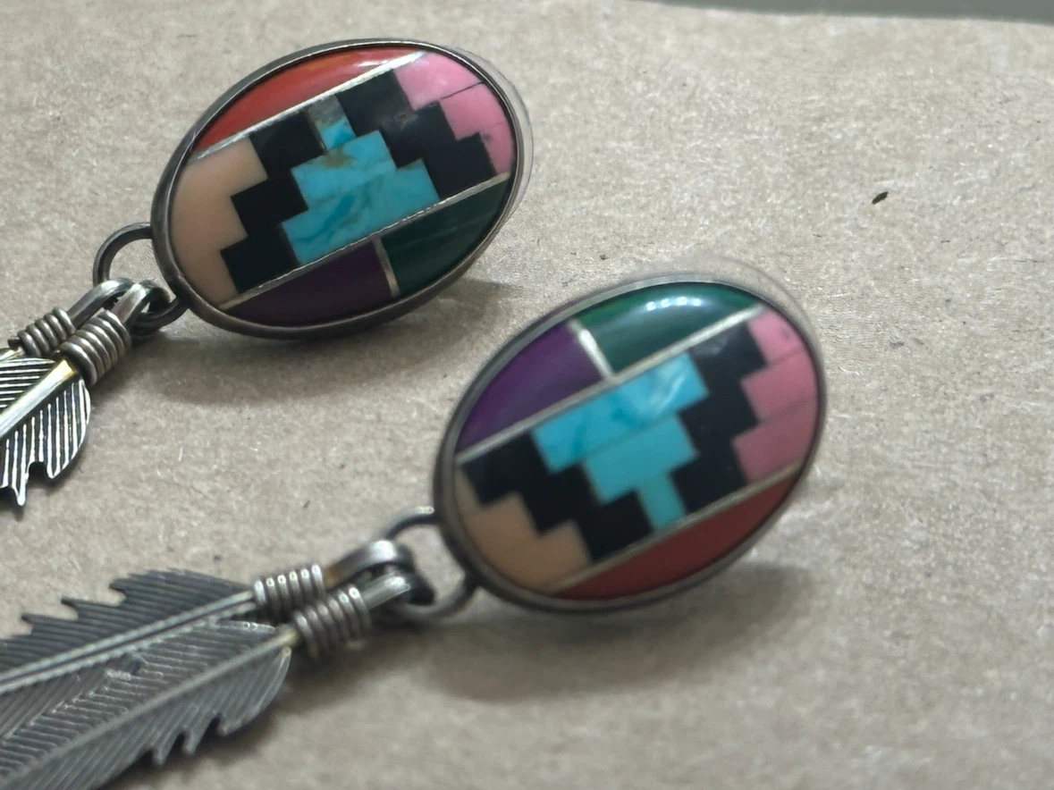 Navajo Zuni  Inlay Multi-Stone Sterling Earrings - photo 2