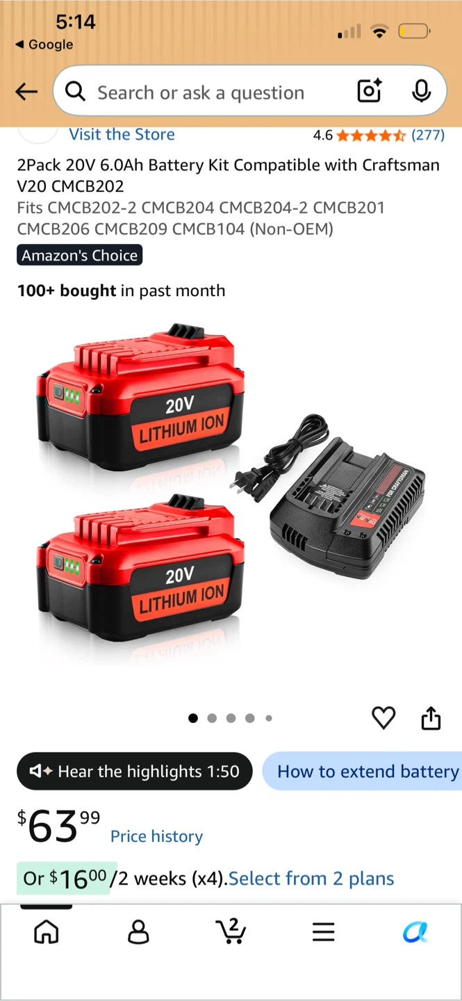2Pack 20V 6.0Ah Lithium Ion Battery Kit