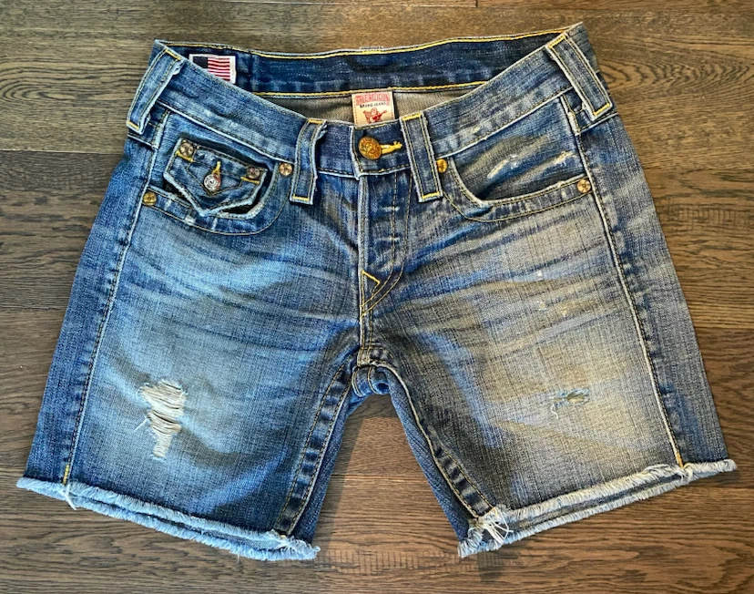 True Religion Shorts Y2K Low Rise Distressed Denim USA 24