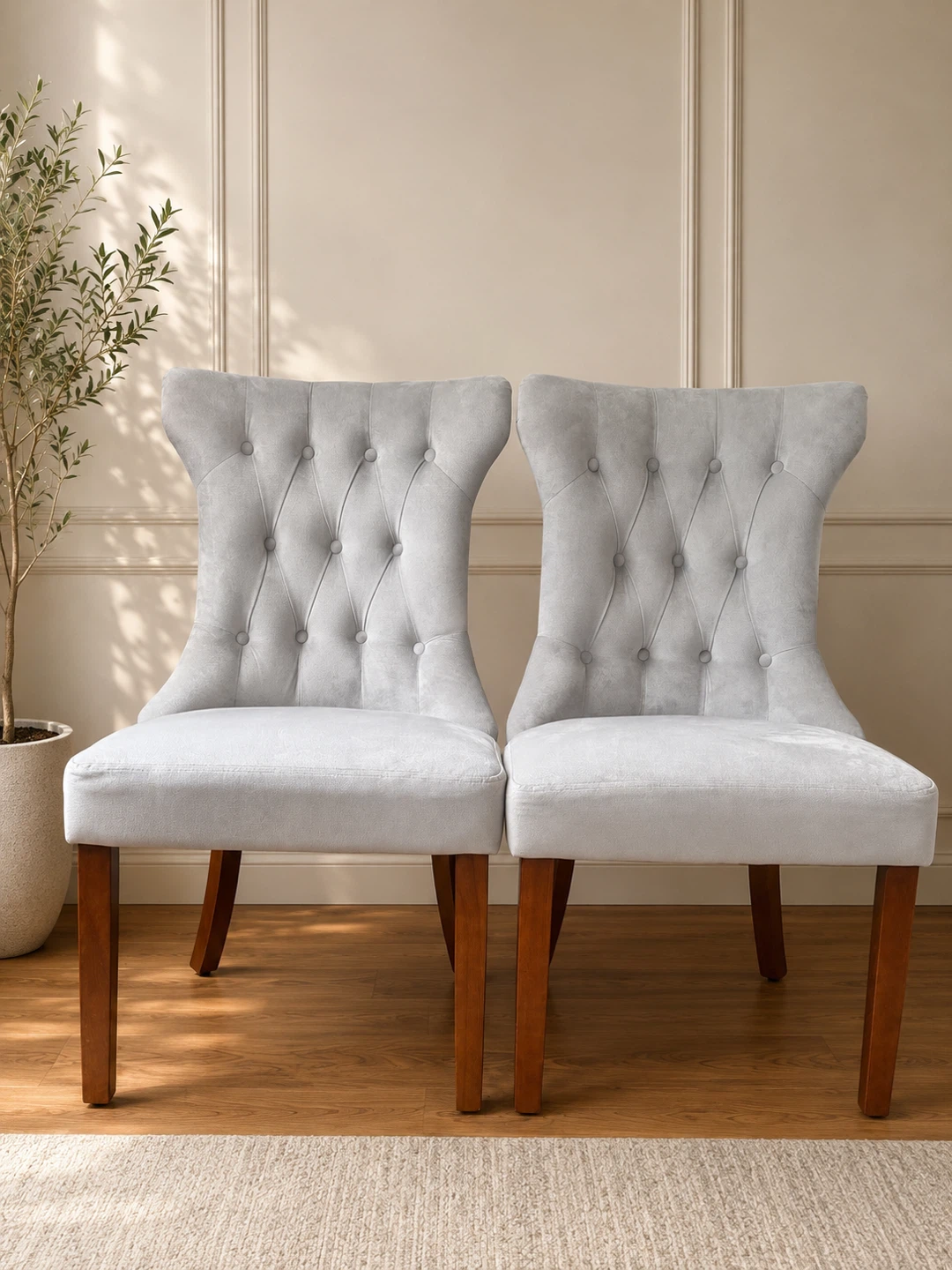 Set of 2 Light Gray Tufted Dining Chairs