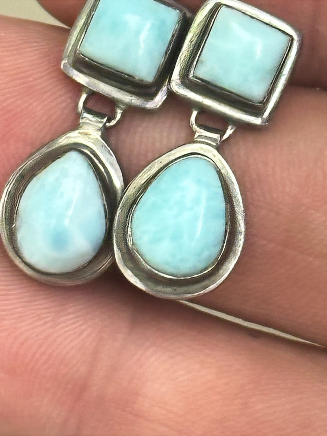Natural Blue Larimar Two-Tier Silver Drop Post Earrings
