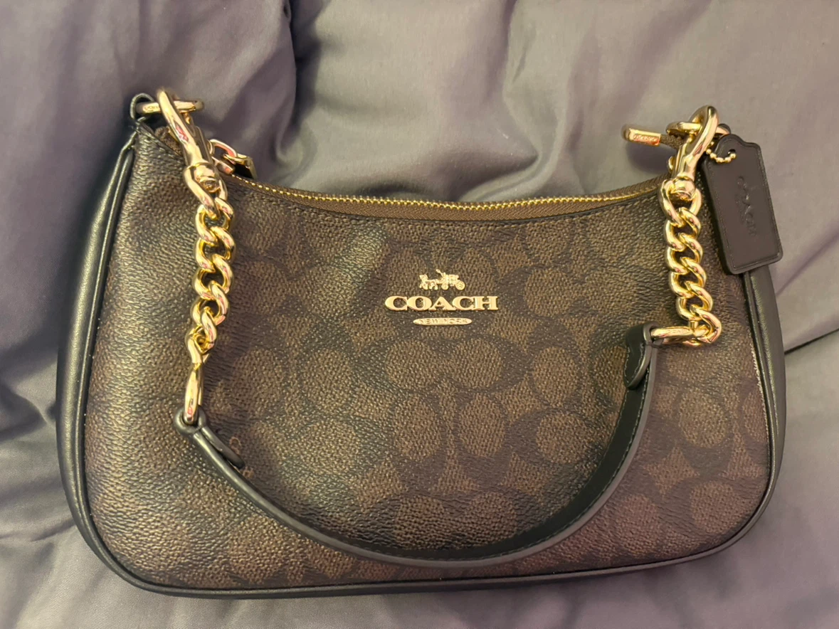 Coach Monogram Shoulder Bag with Gold Chain