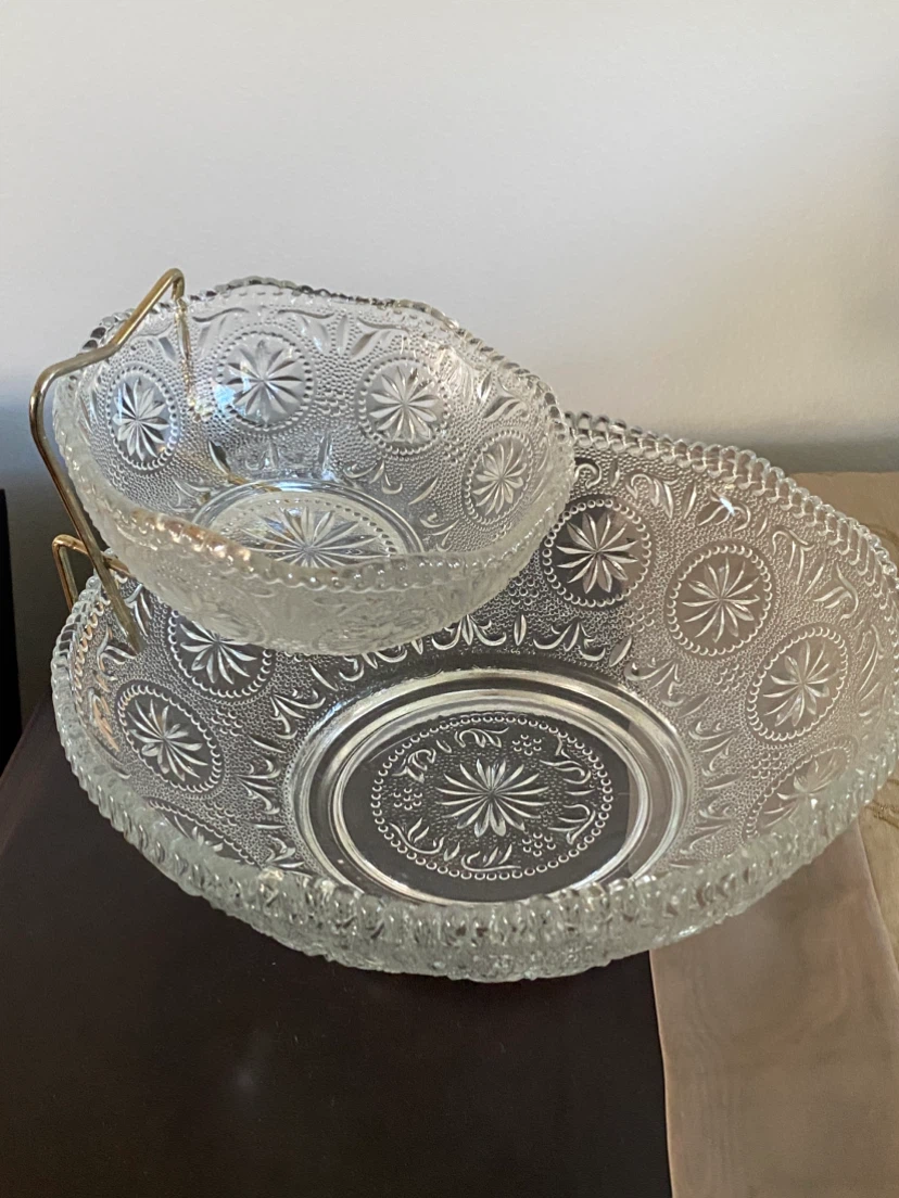 Vintage Clear Cut Glass Chip and Dip Bowl Set