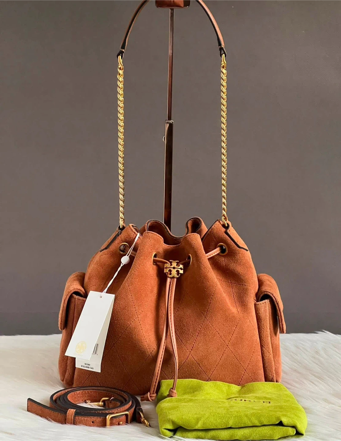 FOR SALE ‼️Tory Burch Charlie Quilted Suede Drawstring Bag
