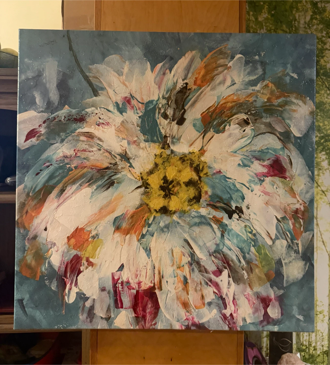 Large Textured Abstract Floral Canvas Wall Art – 24” x 24” - photo 4