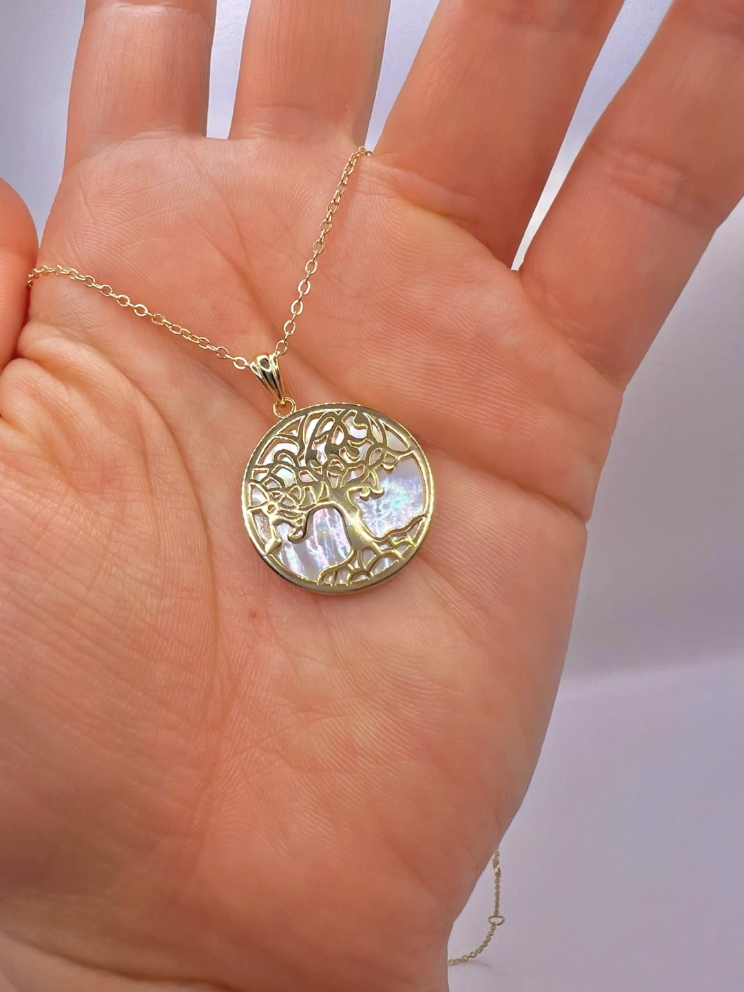 Gold Tone Tree of Life Necklace with Mother of Pearl Pendant