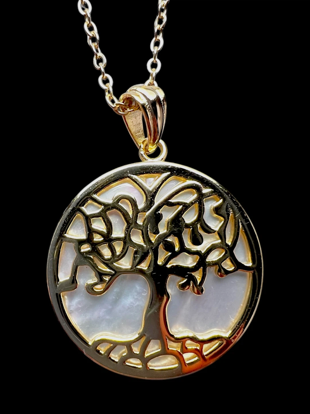 Gold Tone Tree of Life Necklace with Mother of Pearl Pendant - photo 4