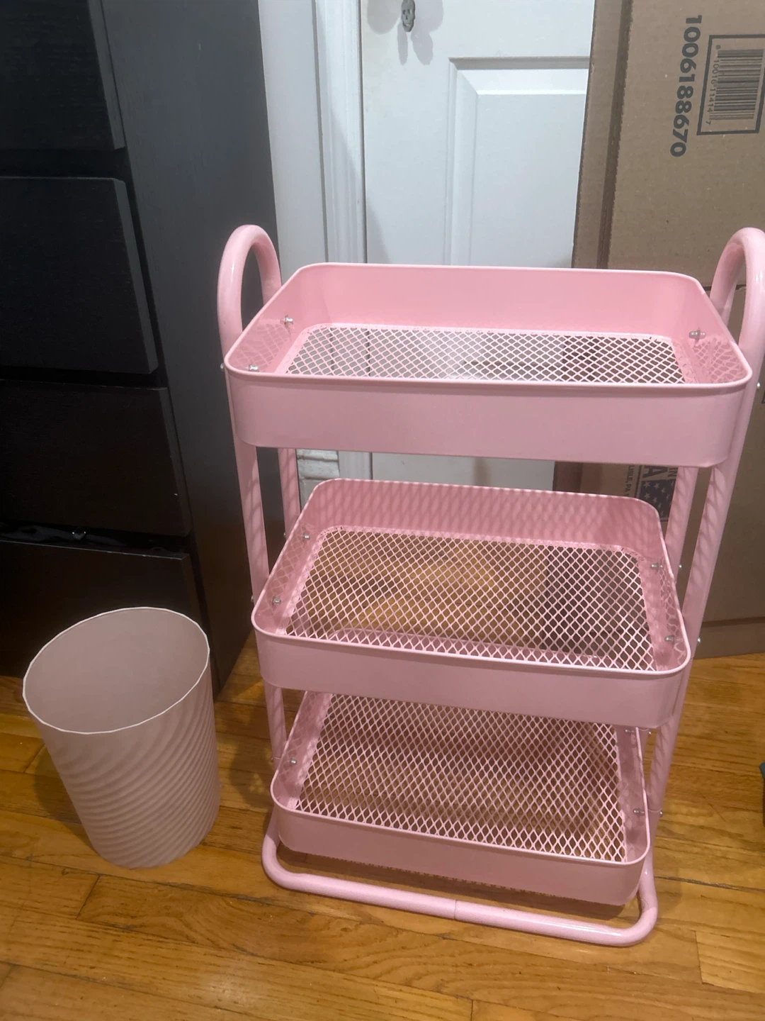 Pink 3-Tier Utility Cart with Matching Trash Can