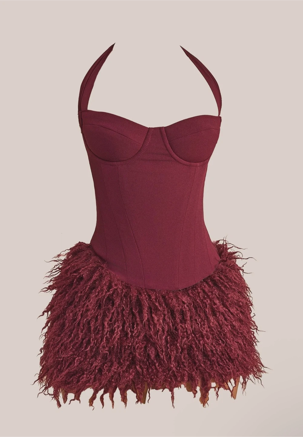 Marababel Burgundy Faux Fur Corset Top and Skirt Set