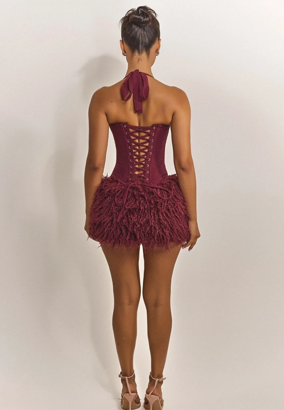 Marababel Burgundy Faux Fur Corset Top and Skirt Set - photo 2