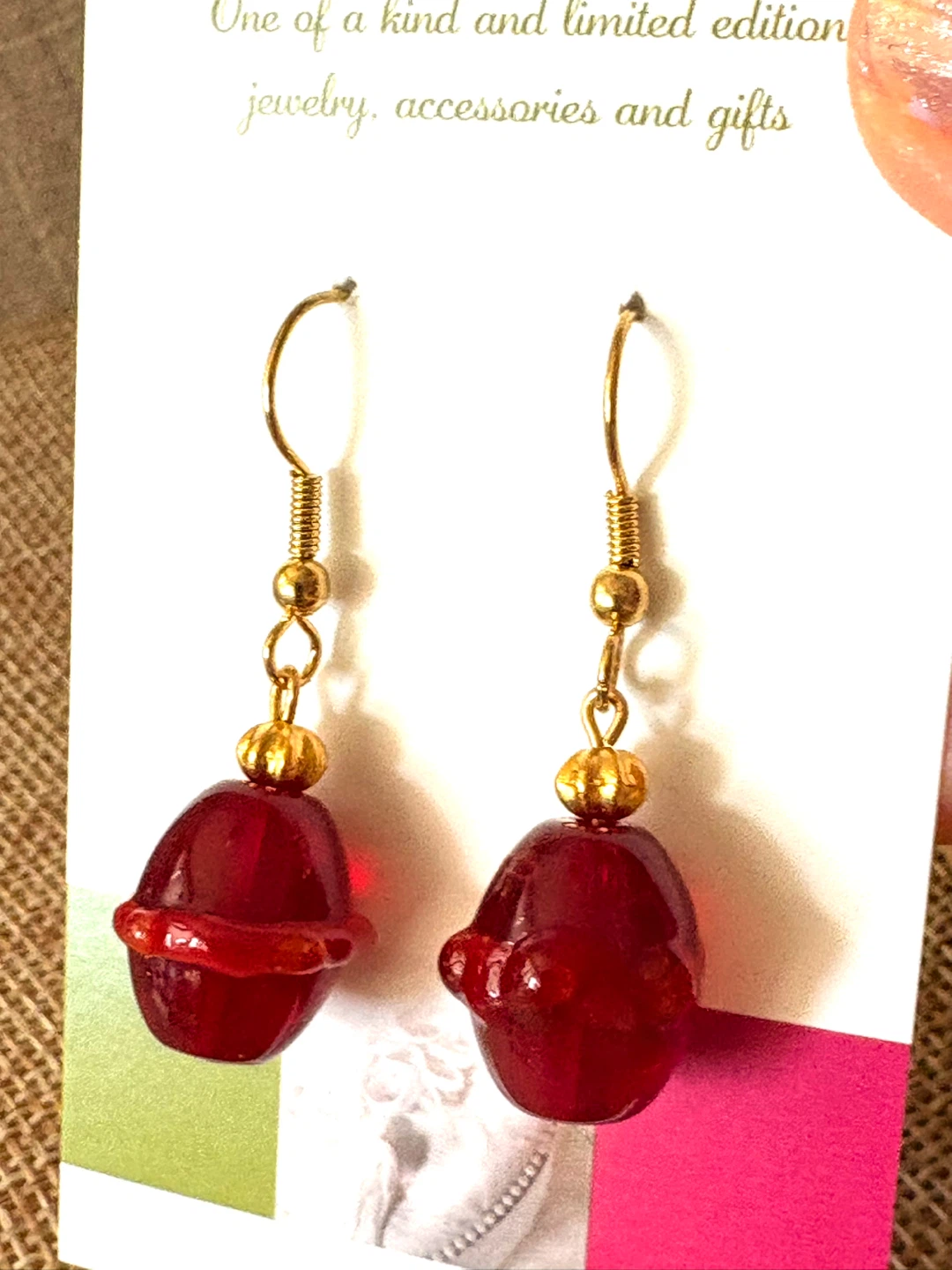 Red Glass dangle Earrings, new